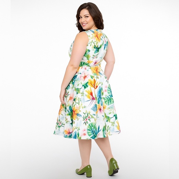 Unique Vintage 50s Tropical White & Orange Floral Cotton Swing Dress, Large, NWT - Picture 8 of 16